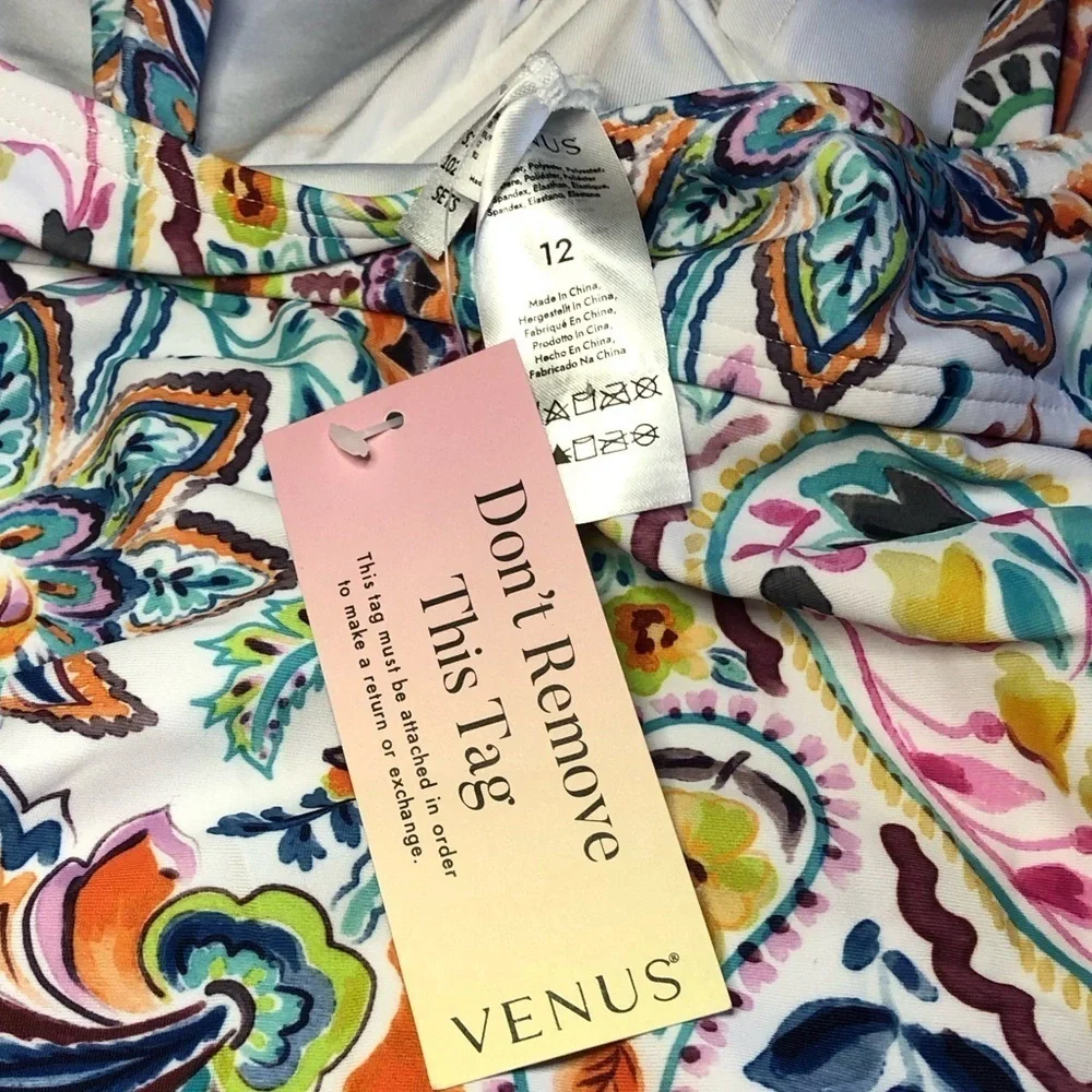 VENUS Blue and Orange Ruched Fitted Floral geometric Bikini tankini size 12 NWT